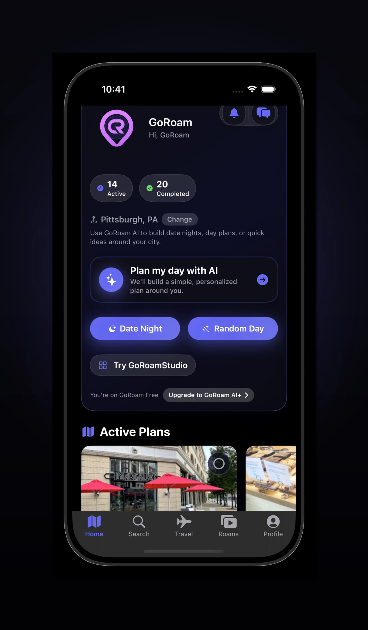 GoRoam home screen – Your 'what should we do?' app
