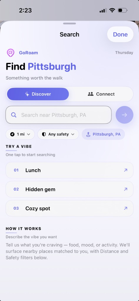 GoRoam search with try a vibe shortcuts