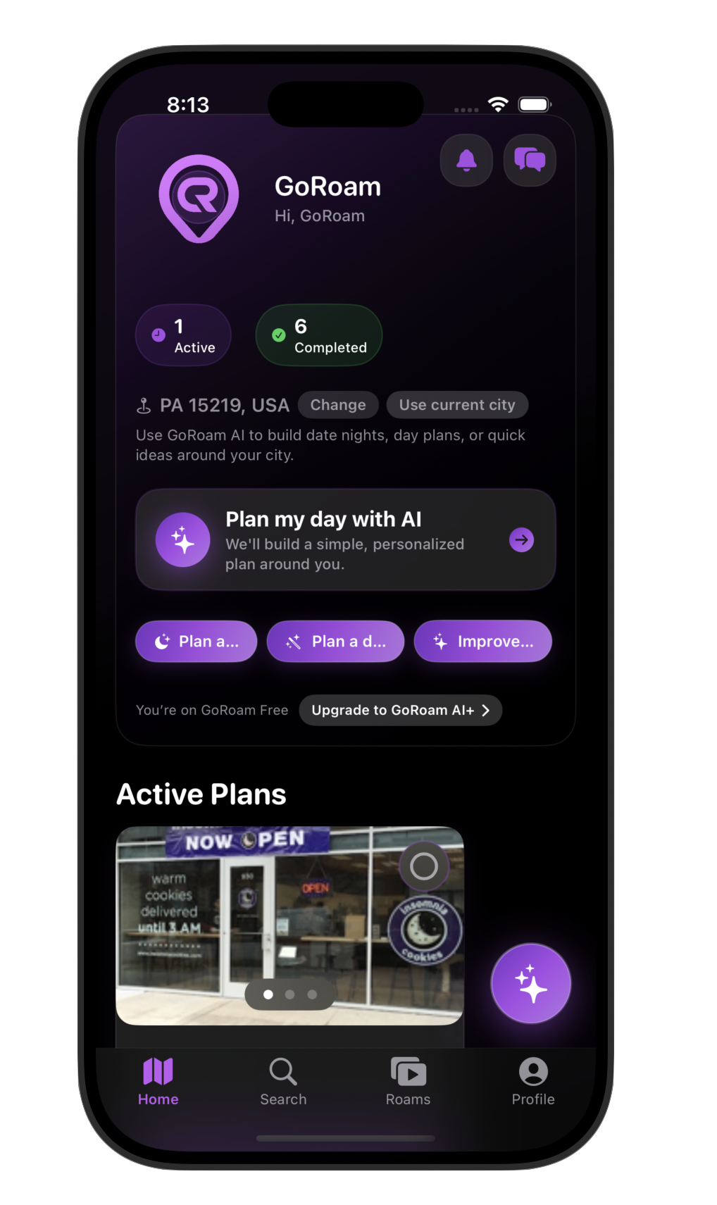 GoRoam home screen – Your 'what should we do?' app